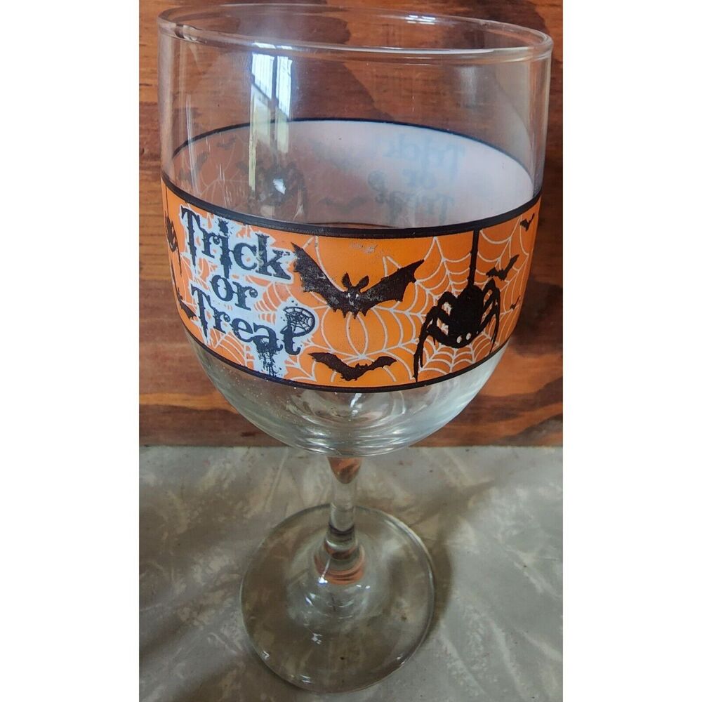 Halloween Stemmed Wine Goblet Trick Or Treat Bats & Spiders 11.5 Ounce See Pic